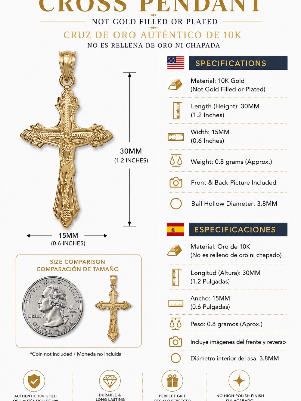 10K Gold Cross Pendant Necklace - Gold Crucifix Charm